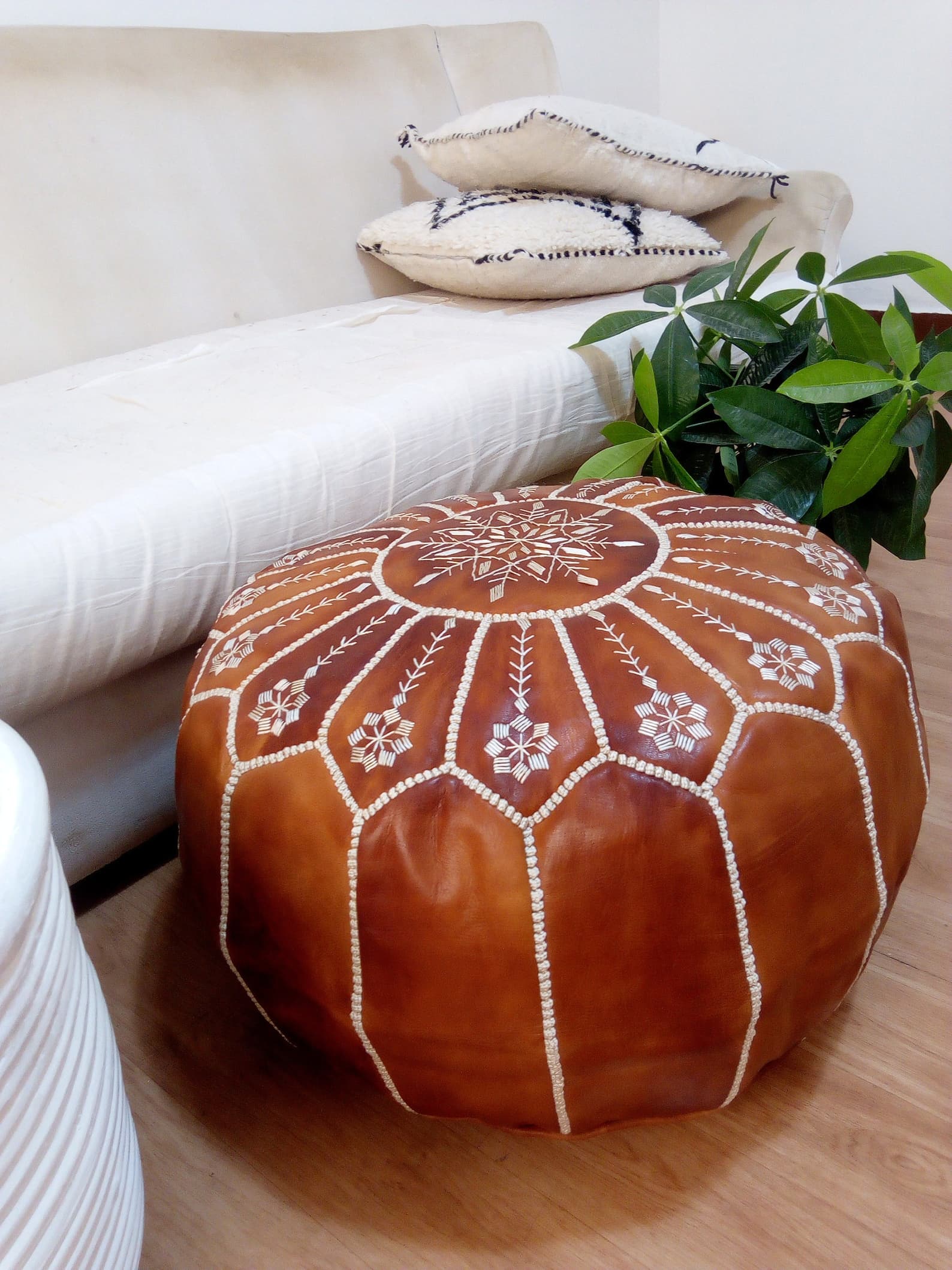 Tan Leather Pouf with Embroidered Design – Handcrafted Moroccan Ottoman