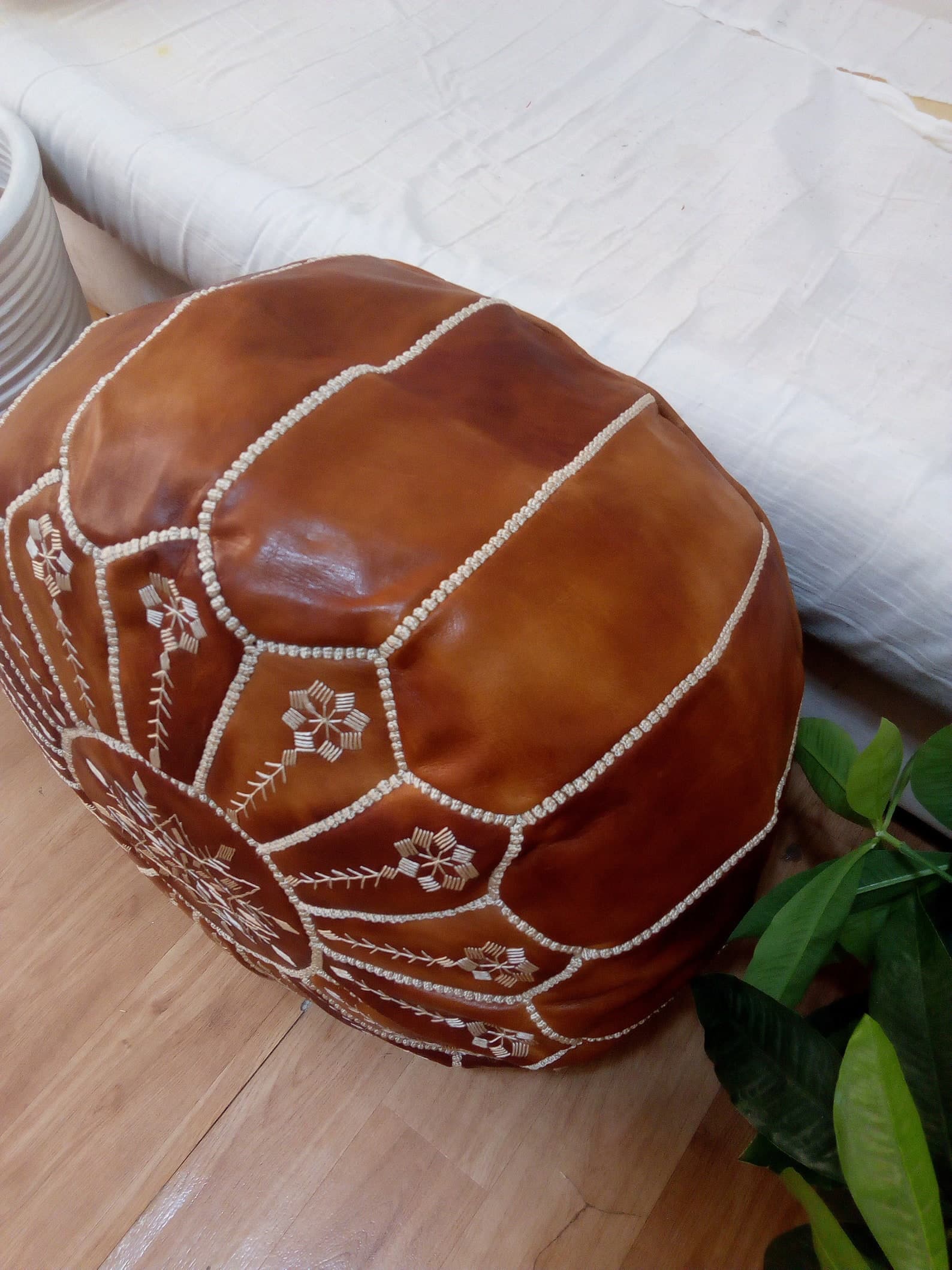 Tan Leather Pouf with Embroidered Design – Handcrafted Moroccan Ottoman — view 3
