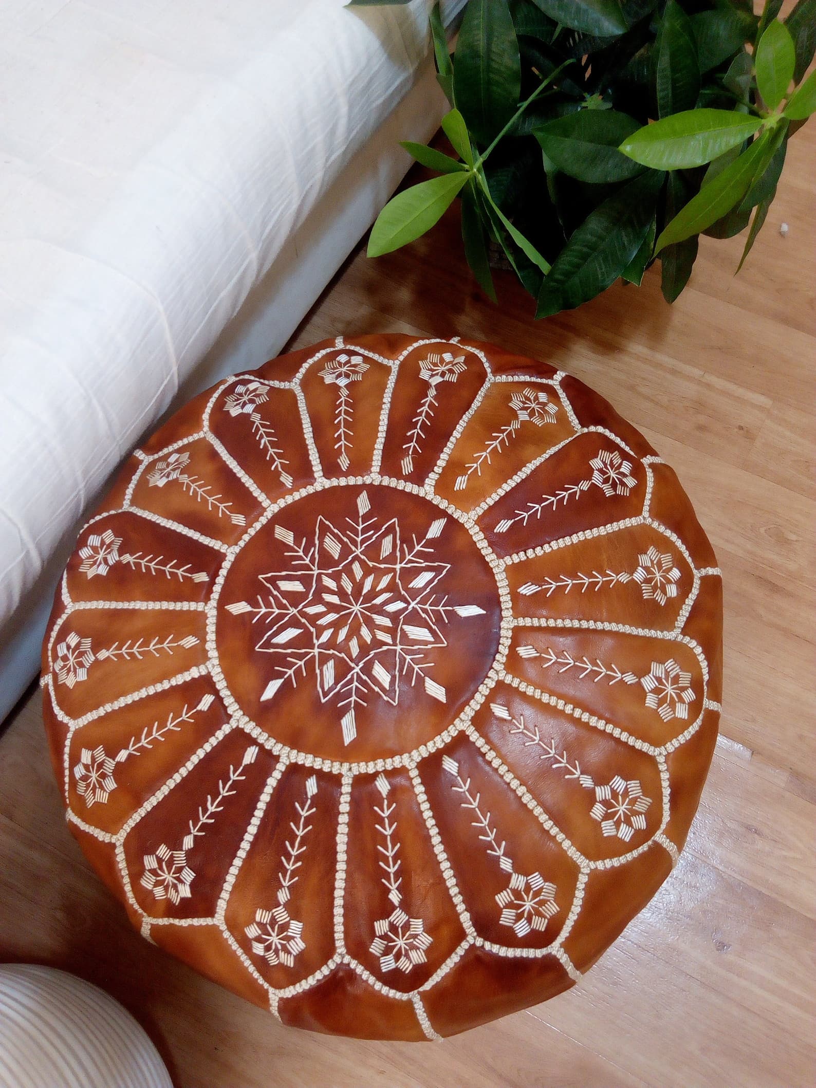 Tan Leather Pouf with Embroidered Design – Handcrafted Moroccan Ottoman — view 4