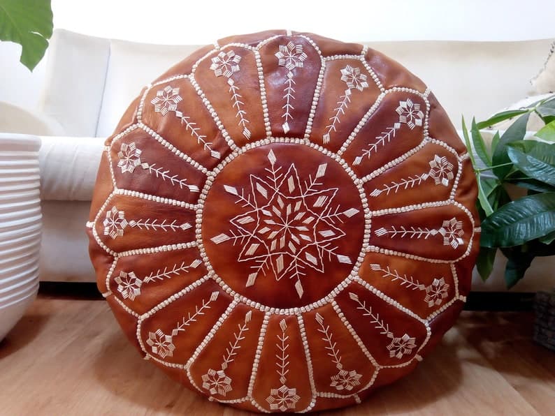 Tan Leather Pouf with Embroidered Design – Handcrafted Moroccan Ottoman — view 2