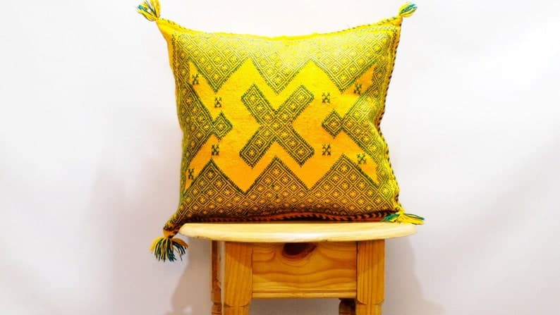 Yellow Handira Pillow Cover with Sequins & Metal Discs