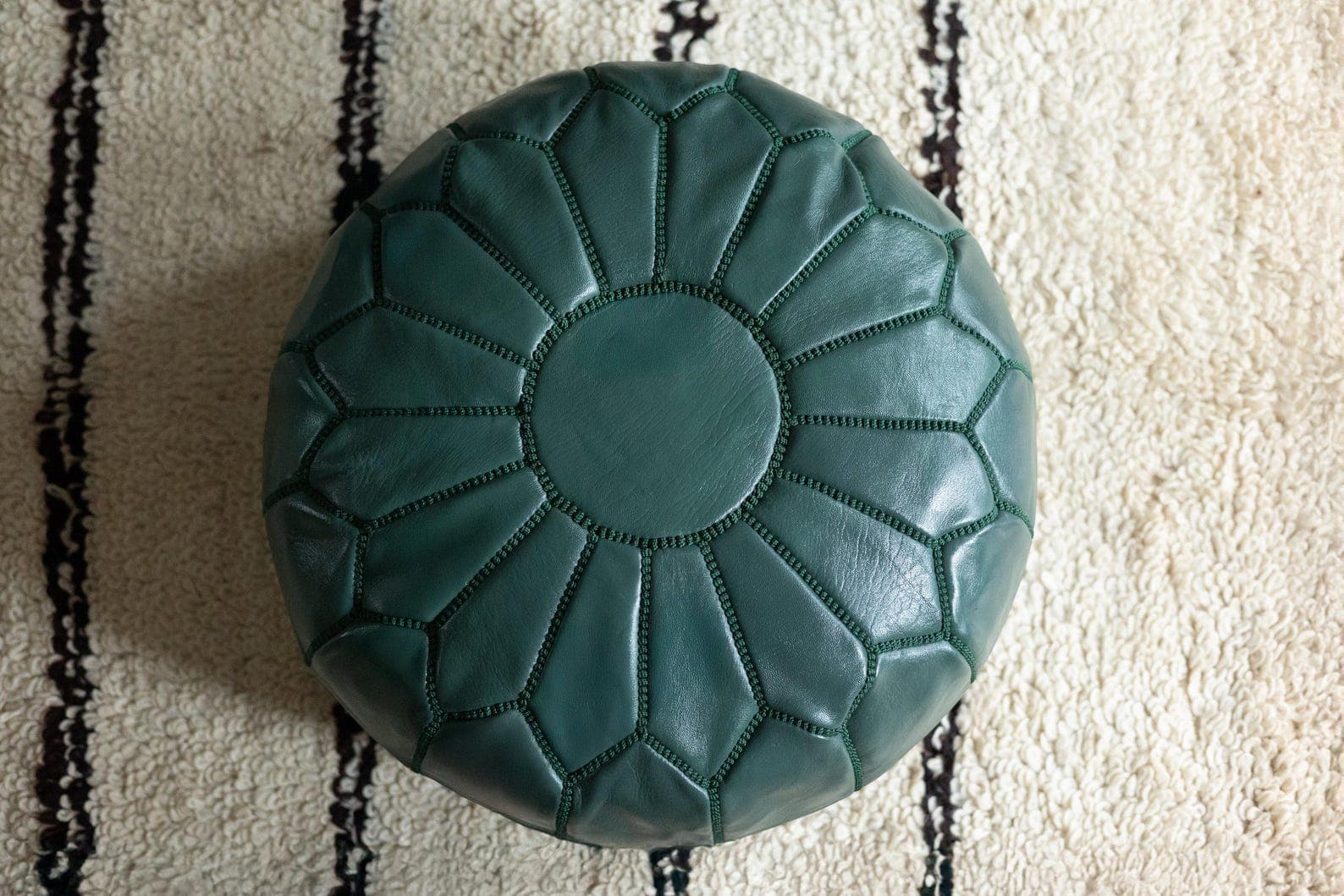Teal Leather Pouf with Matching Stitching - Fes — view 3