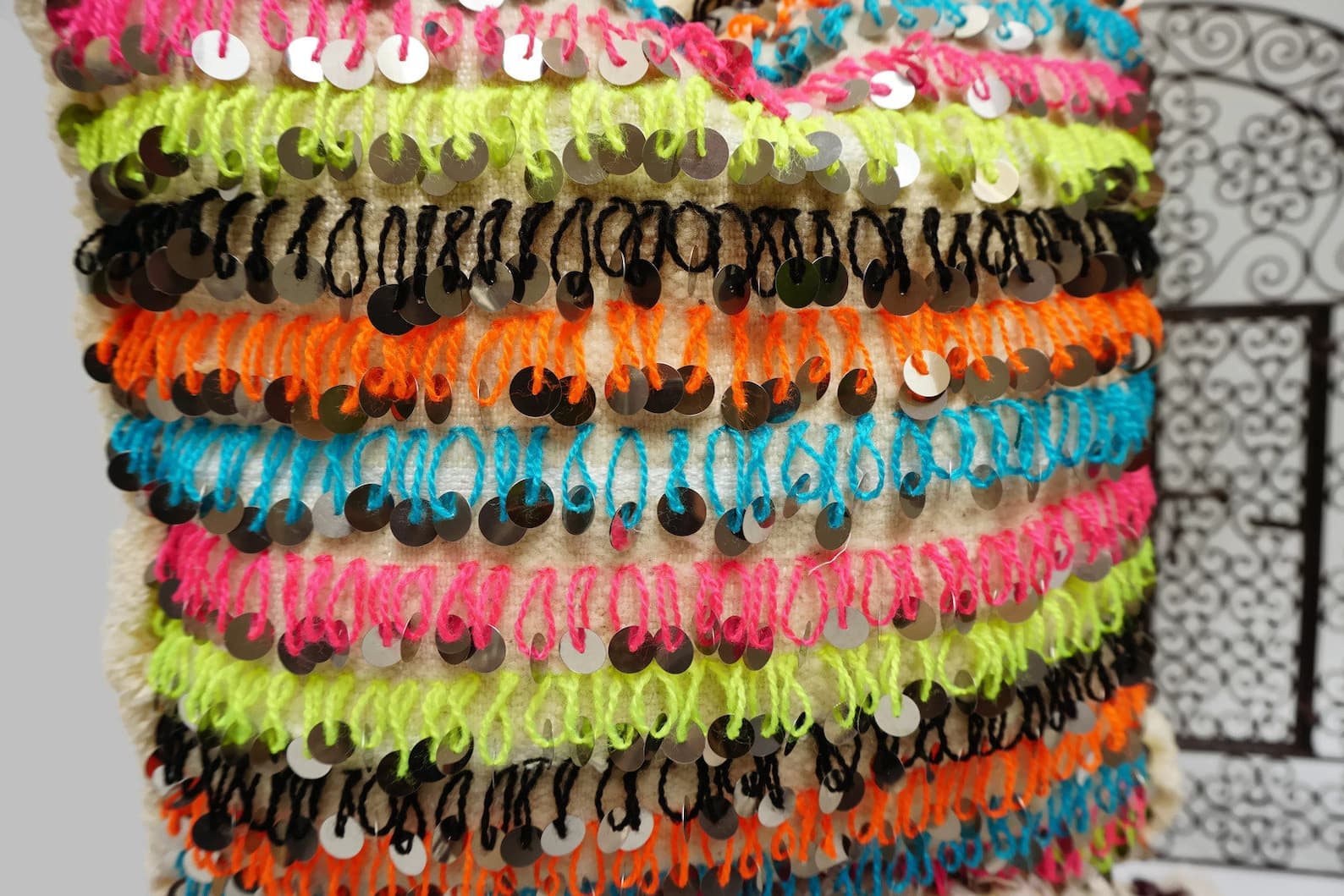 Handira Wedding Blanket Pillow Cover with Sequins and Pom Poms