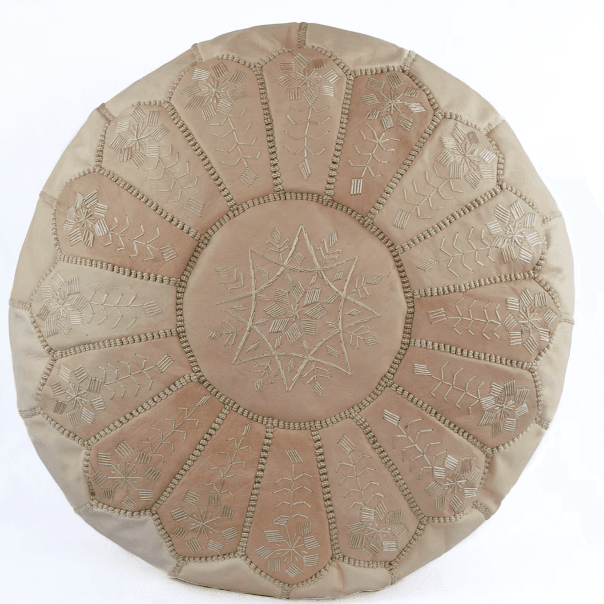 Beige Leather Pouf with Floral Detail