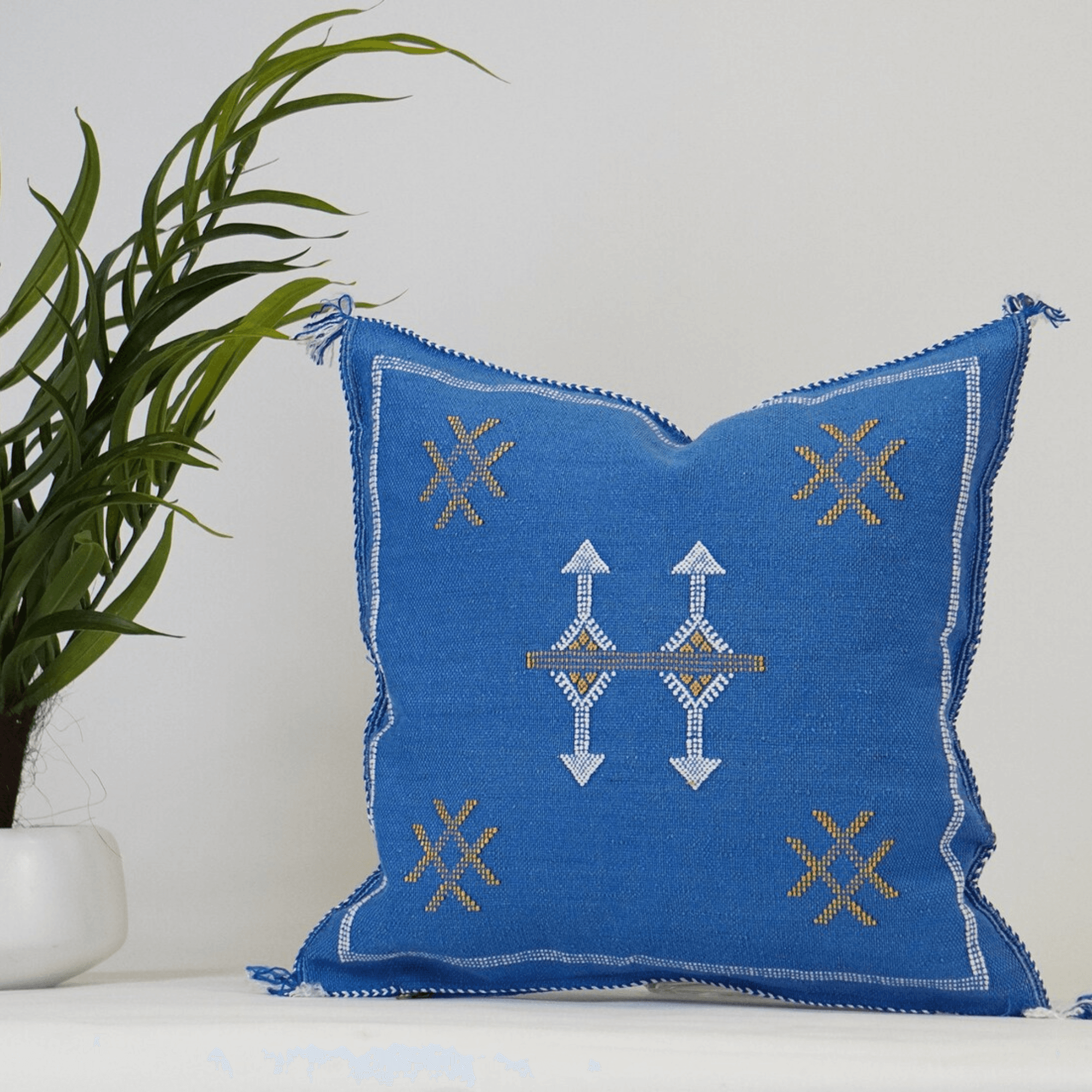 Blue Cactus Silk Pillow by Hajja Mina