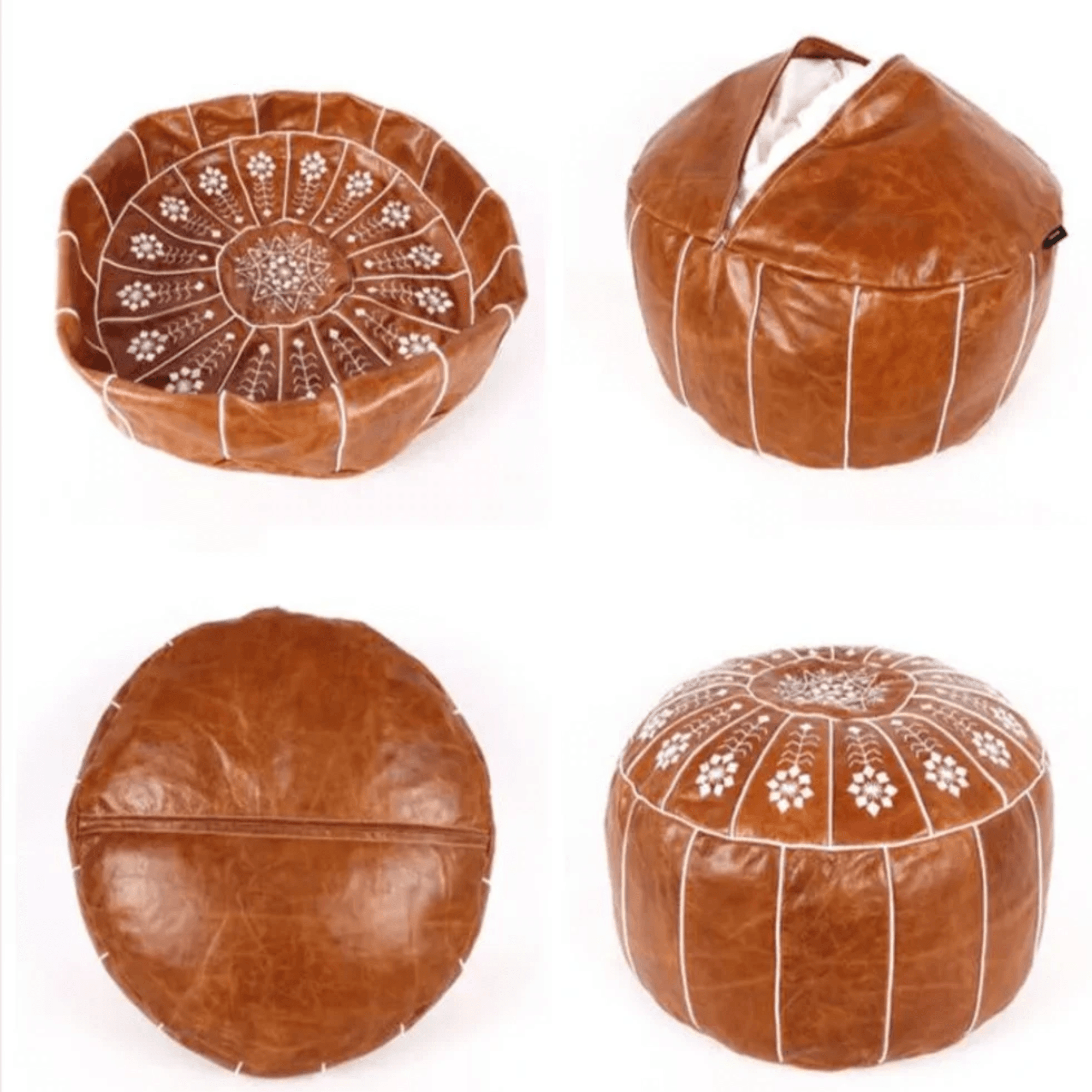 Brown Leather Pouf with White Stitching – Handcrafted Moroccan Ottoman