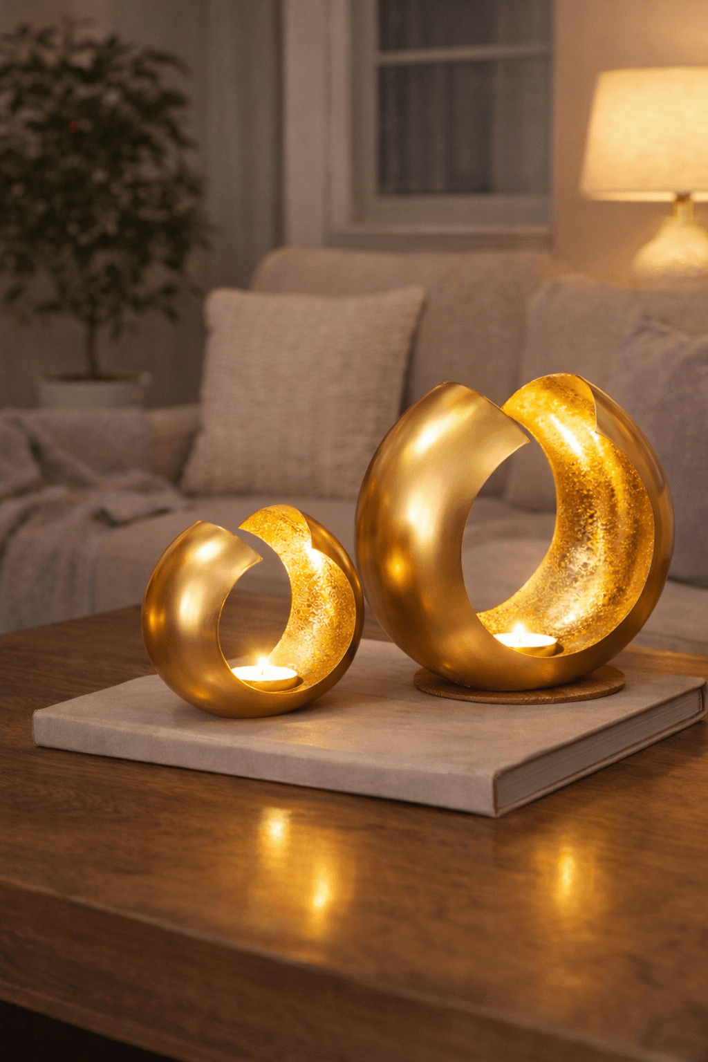 Gold Brass Crescent Candle Holders Set – Moon Tealight Decor – Luxury Boho Table Accent for Ramadan & Eid