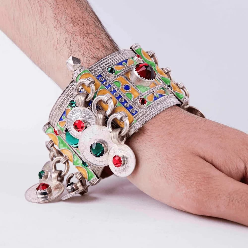 Enameled White Metal Berber Cuff Bracelet