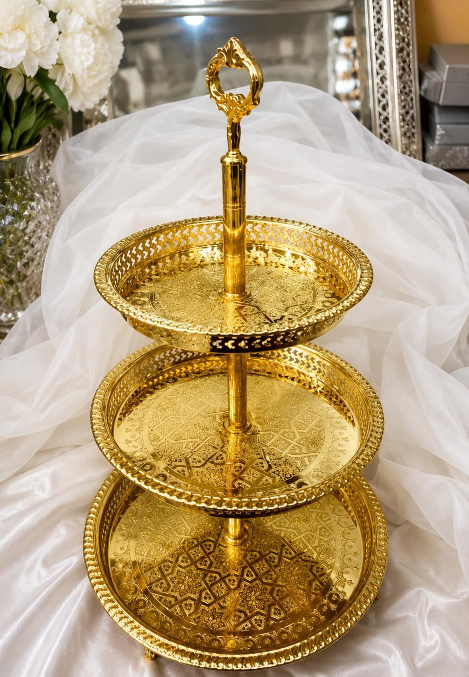 Marrakech Engraved Brass Three-Tier Tower Stand