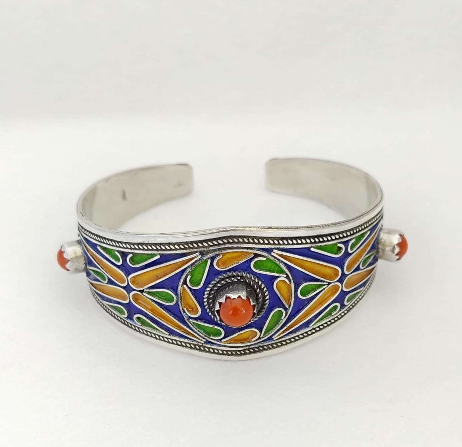 Tiznit Silver Filigree Cuff with Coral and Enamel