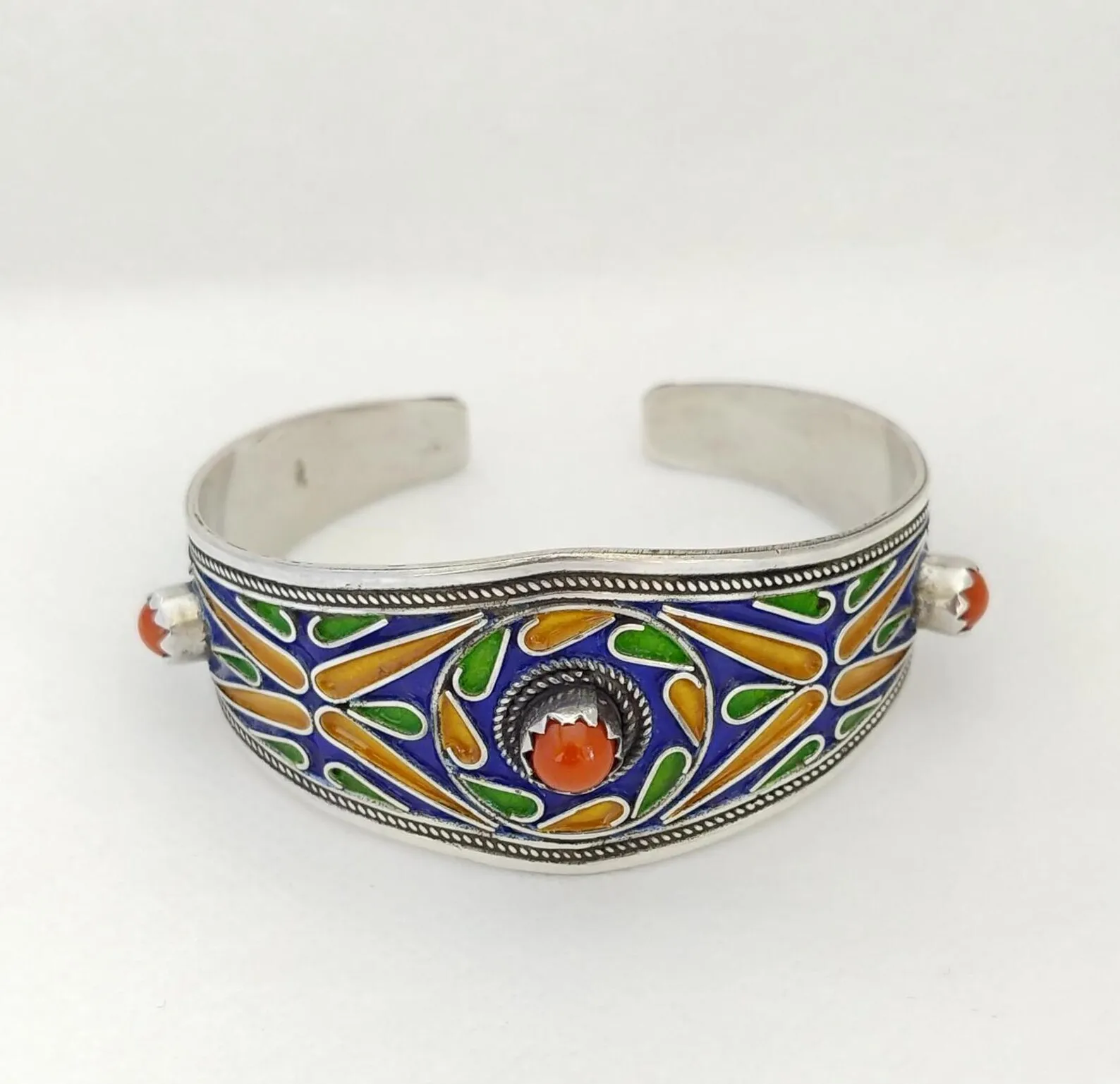 Tiznit Silver Filigree Cuff with Coral and Enamel