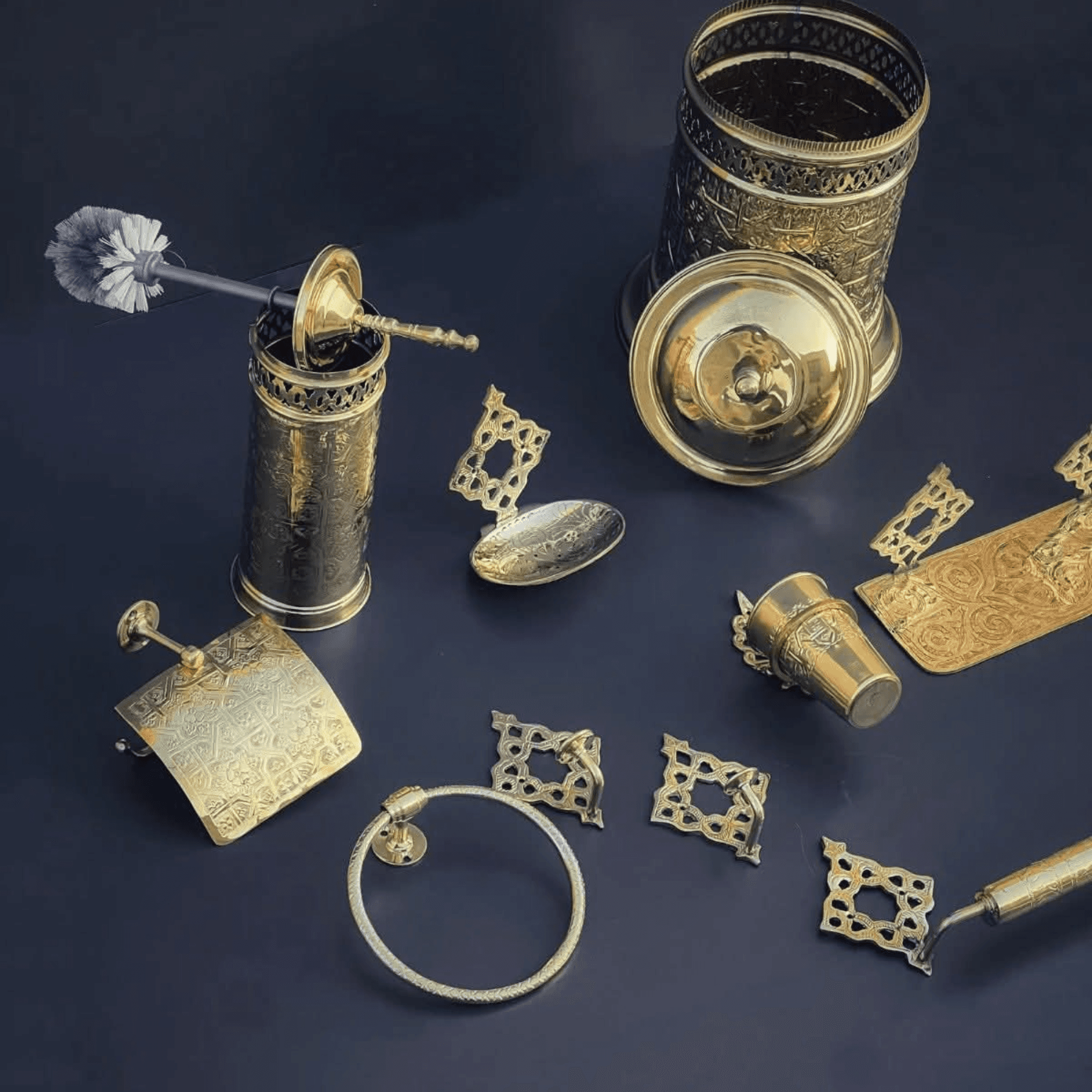 Moroccan Brass Bathroom Set – Hand-Engraved Towel Bar, Toilet Paper Holder & Wall Cup