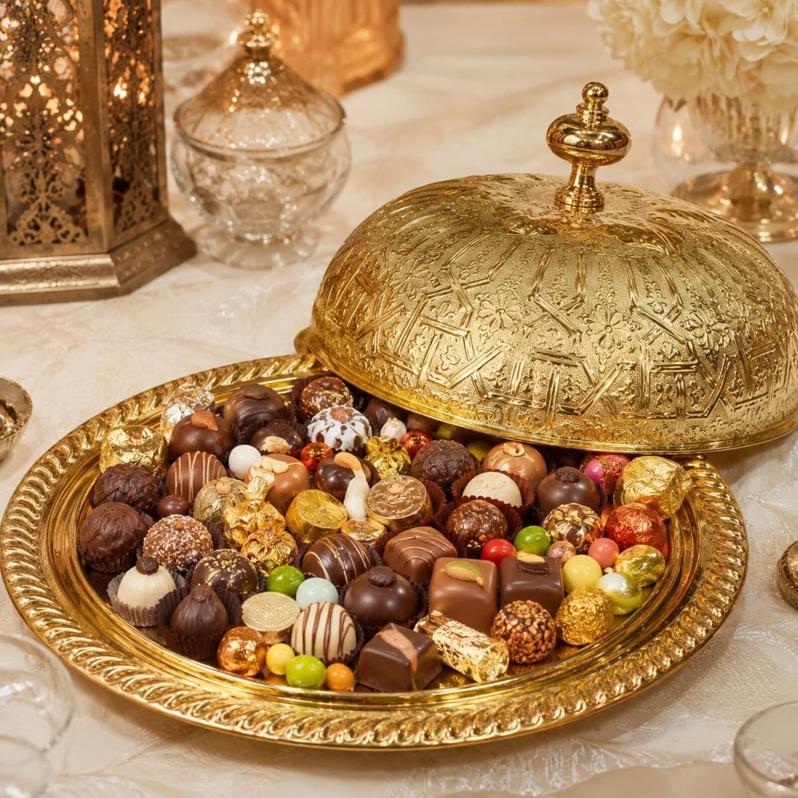 Marrakech Hand-Engraved Brass Platter with Dome Lid