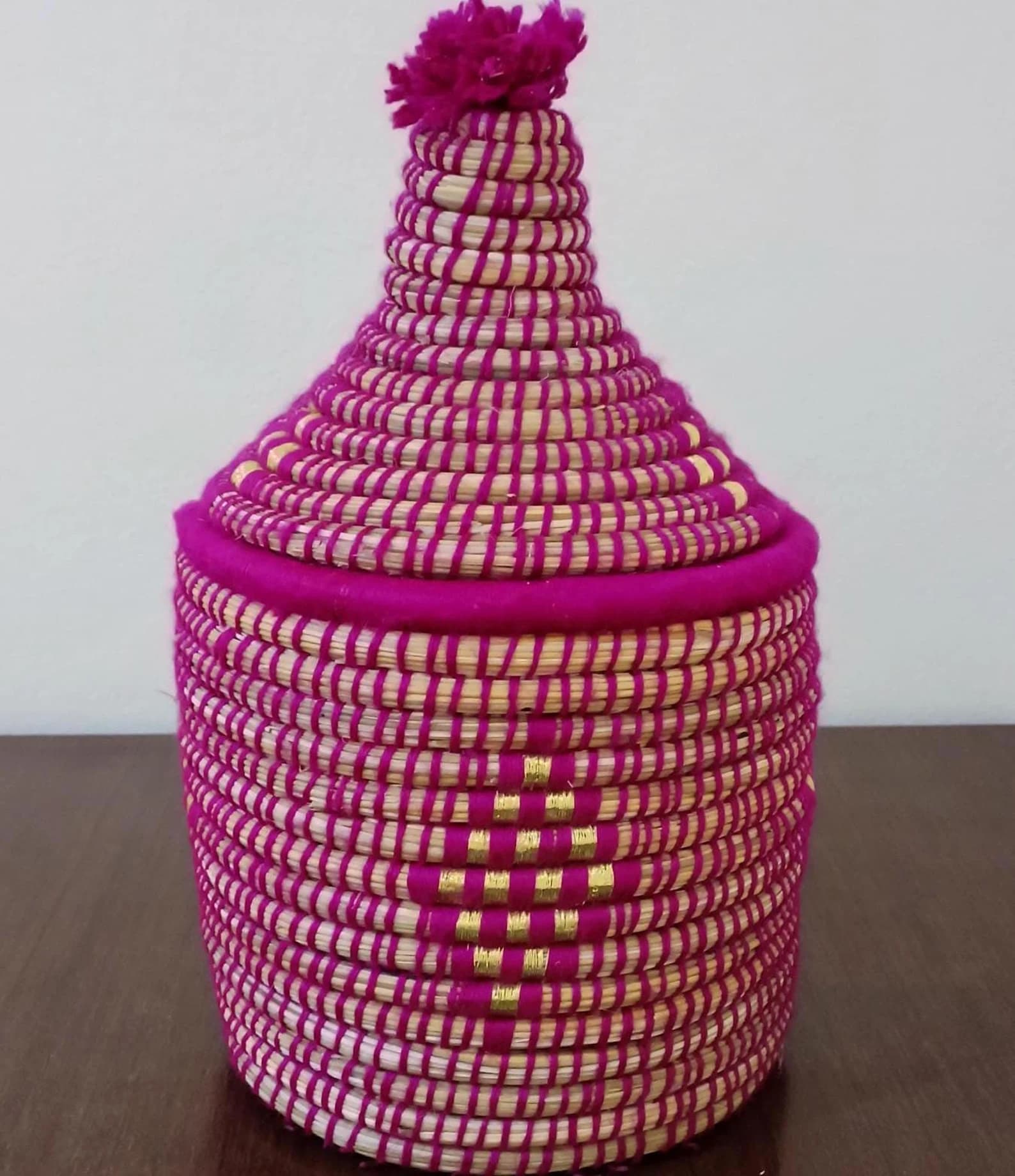 Hand-Woven Raffia Box with Colorful Wool Patterns