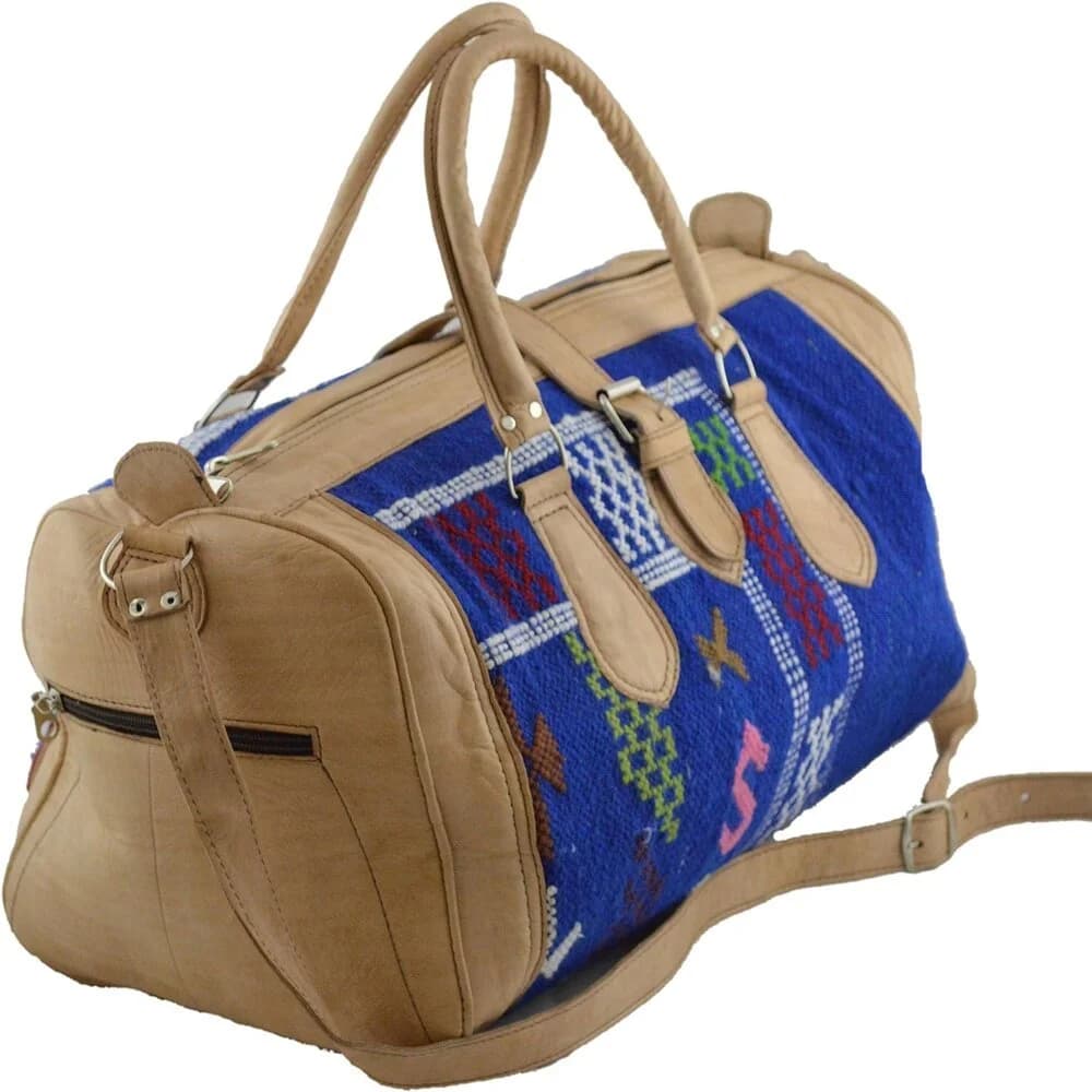 Moroccan Kilim Leather Travel Duffel Bag – Handmade Weekender with Adjustable Strap