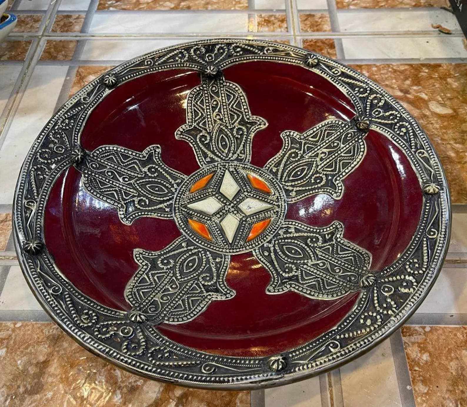 Essaouira Copper Serving Plate with Bone Inlay