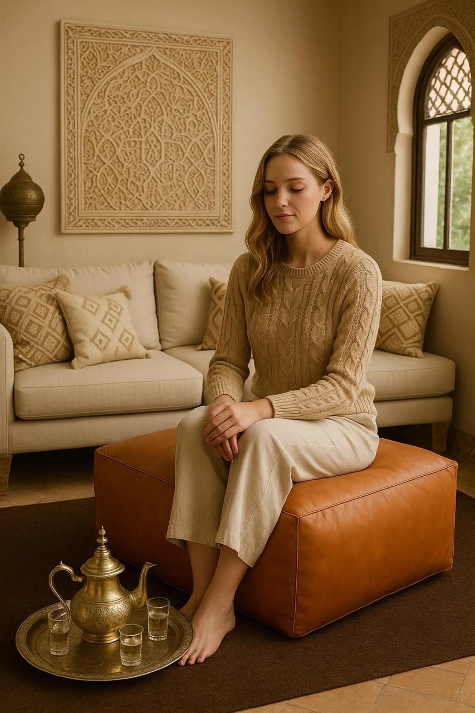 Square Leather Pouf Ottoman with Embroidered Medallion – Light Tan Footstool