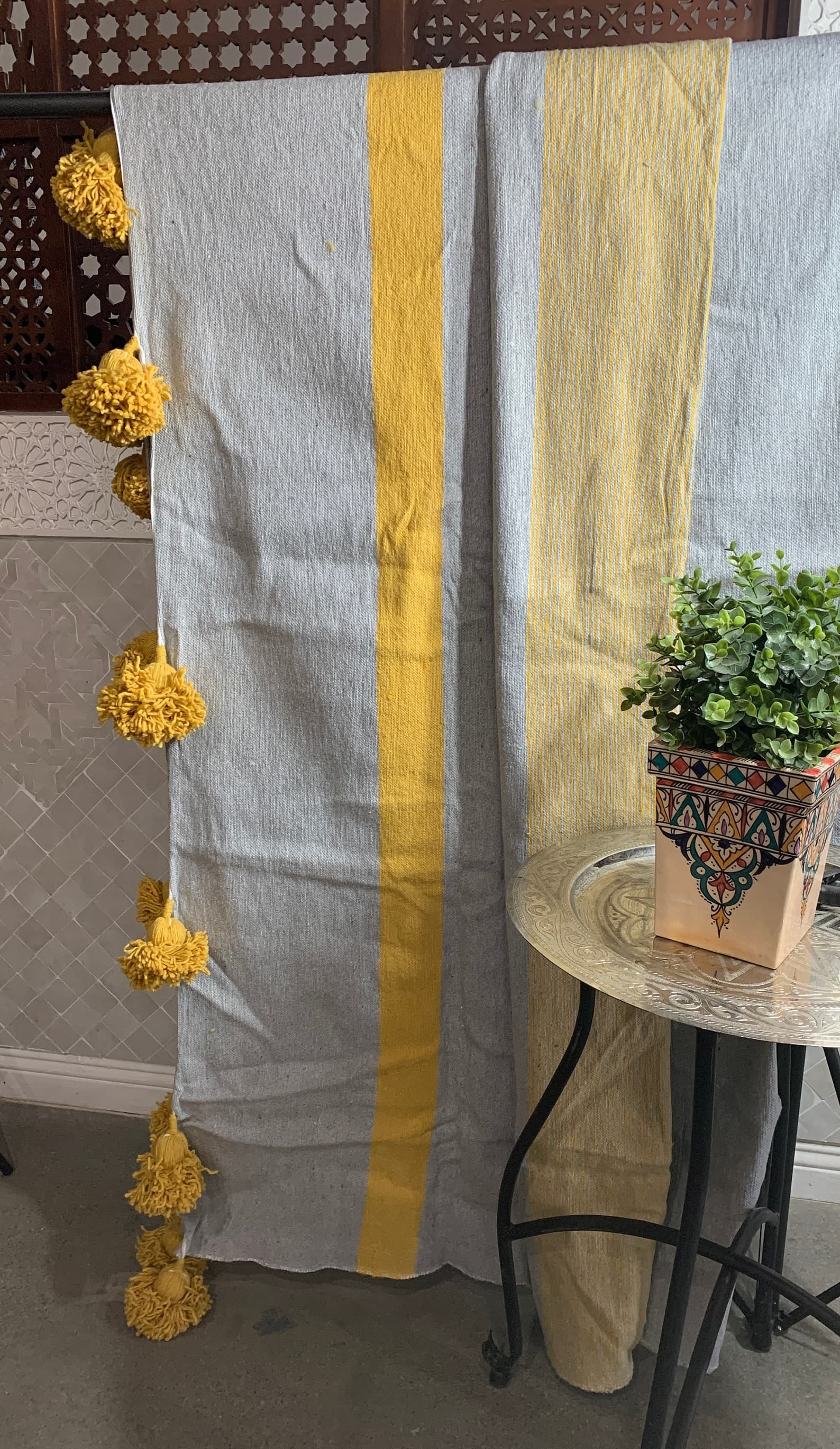 Moroccan Pom Pom Blanket – Grey with Mustard Stripes
