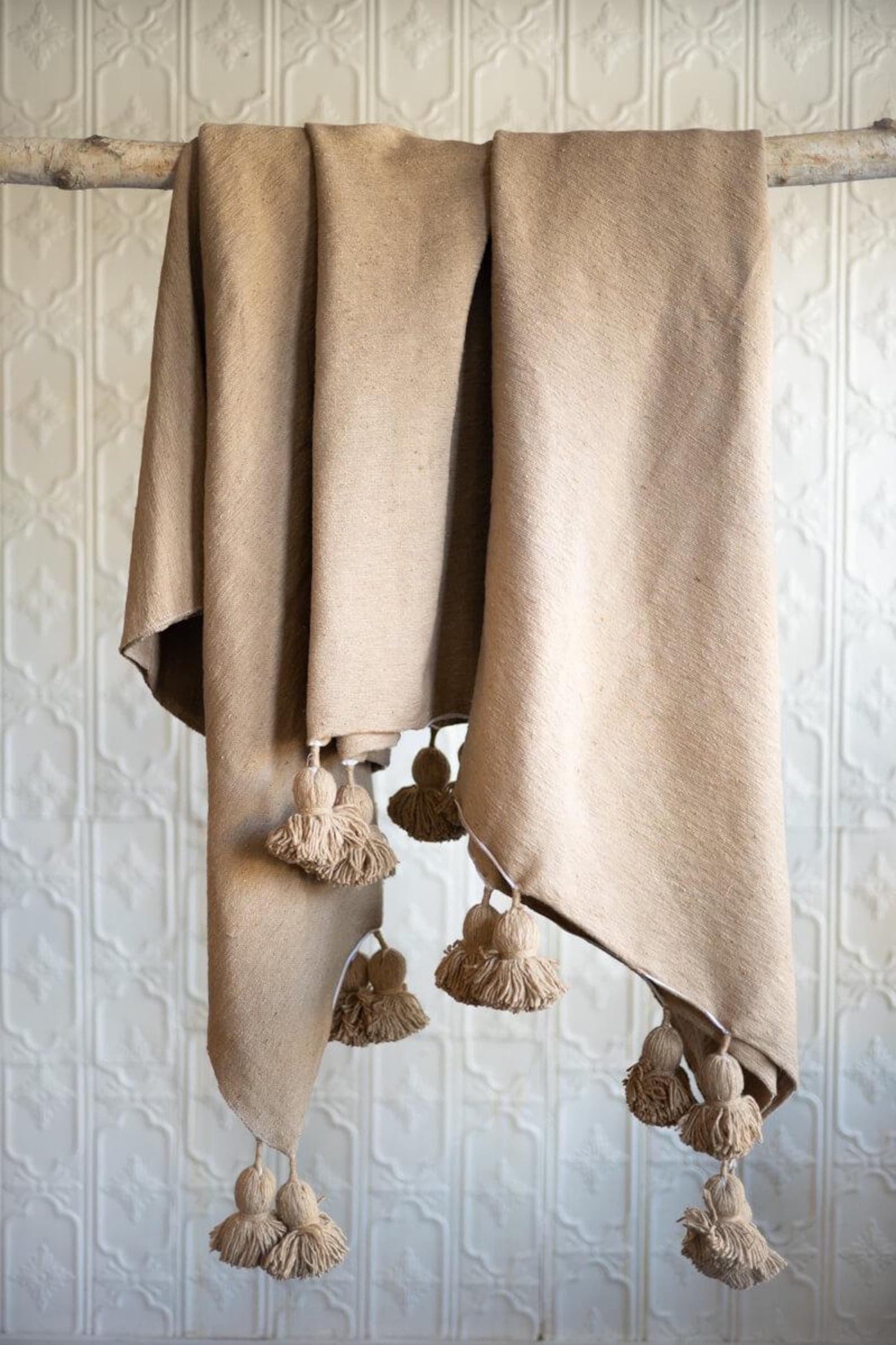 Beige Moroccan Pom Pom Blanket - Handwoven Cotton Queen Coverlet