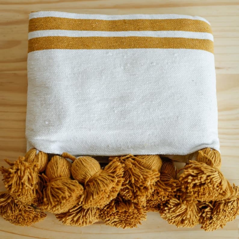 Moroccan Pom Pom Cotton Throw Blanket – Mustard Yellow Stripe