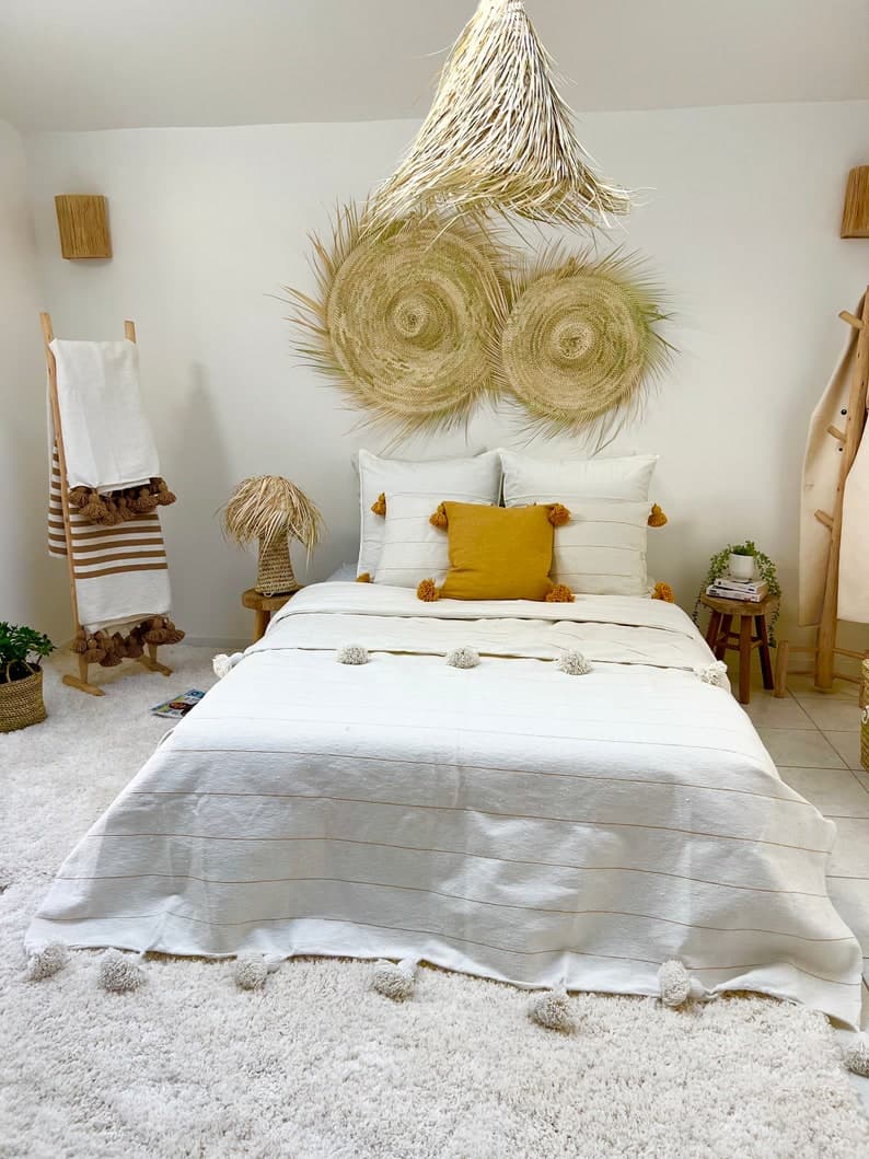 Handmade Moroccan Cotton Throw with Pom-Pom Detail